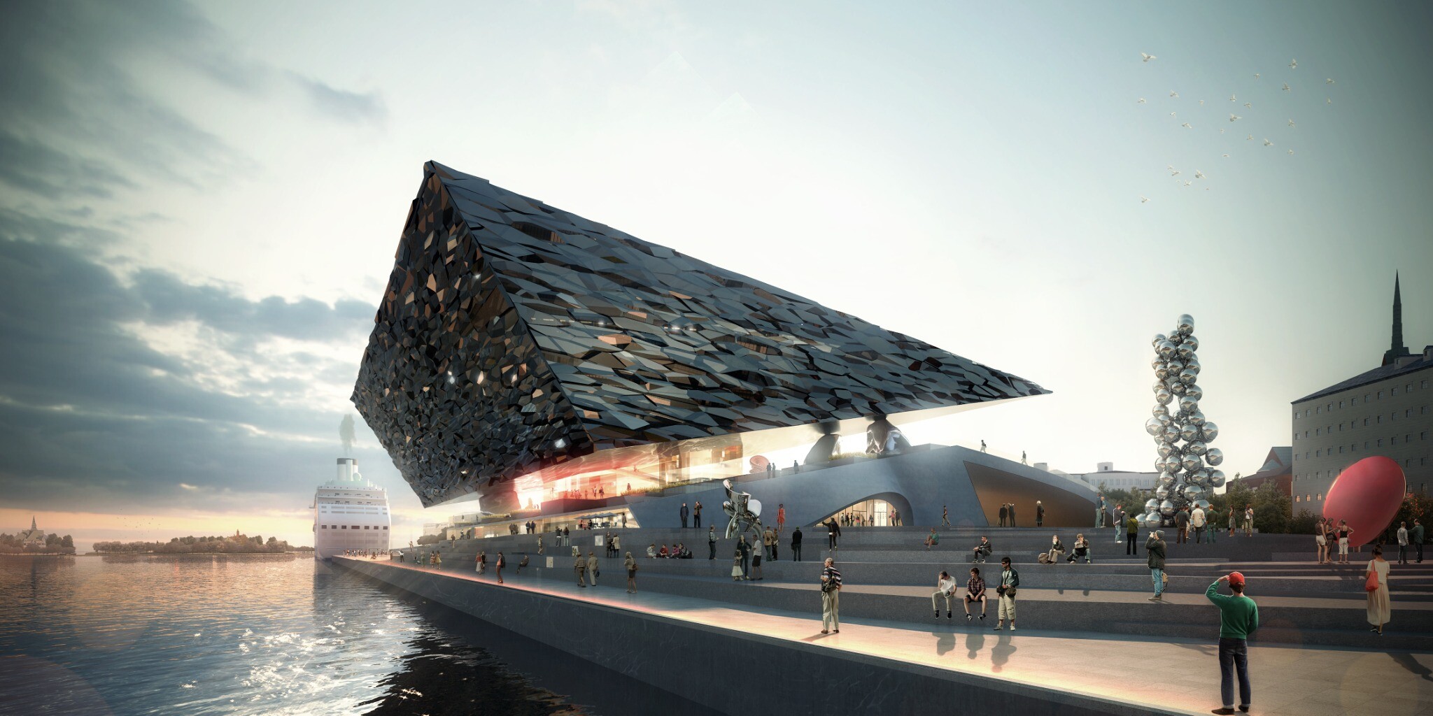 Main visual of Illusion, Guggenheim Museum Helsinki, showing the relationship between the museum and the waterfront setting of Helsinki Port.