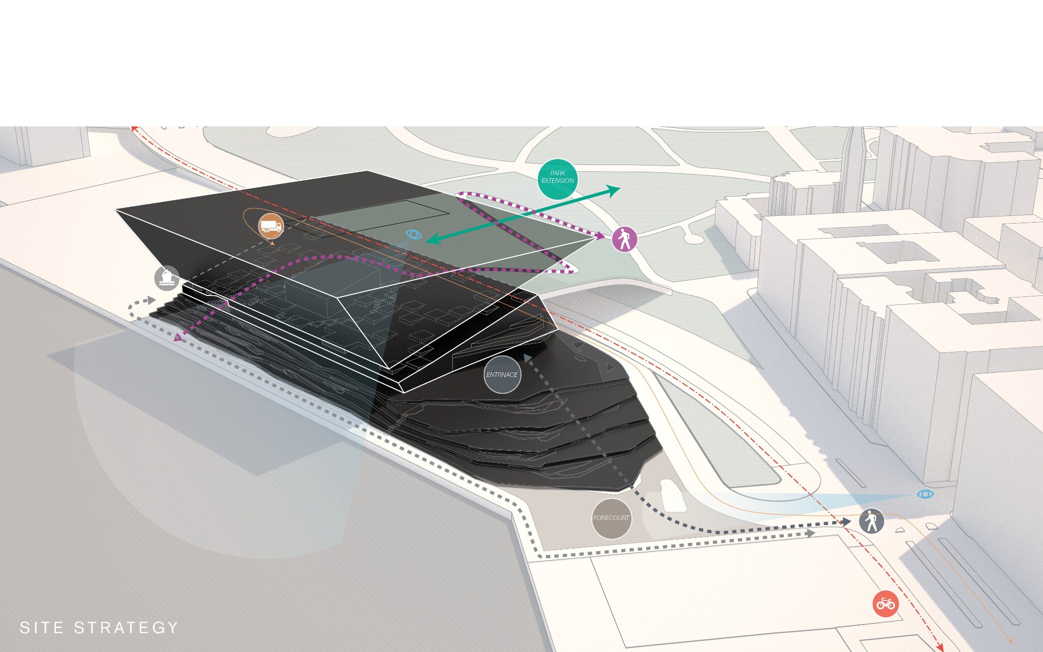 Site axonometric of the Guggenheim Museum Helsinki competition proposal, showing the building positioned between the sea and the urban land edge.