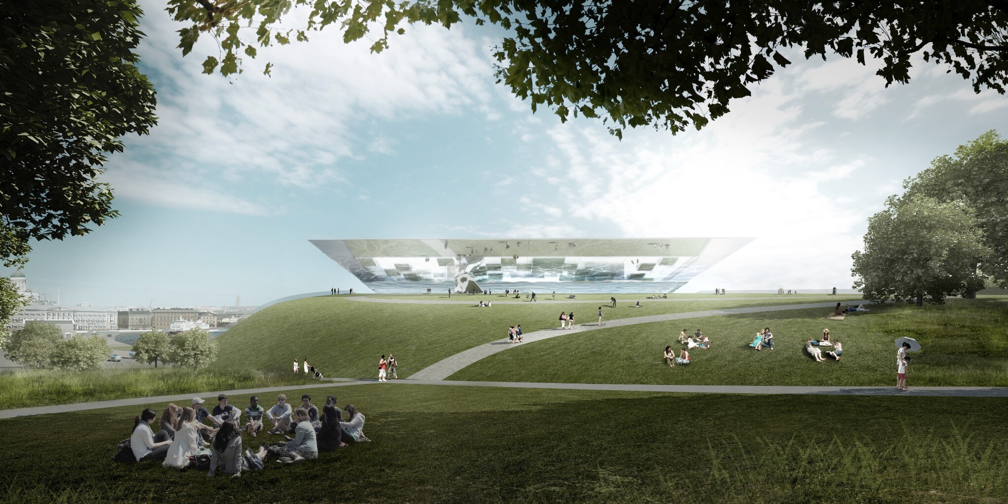 Rendering of the Guggenheim Museum Helsinki viewed from the park, showing the architectural gap, waterfront landscape, and visitor route.