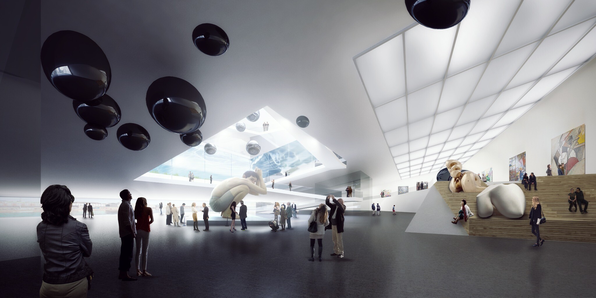 Interior atrium rendering of the Guggenheim Museum Helsinki, showing illusionary landscape, natural light, and large-scale sculpture display space.