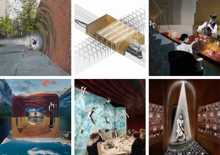 Concept collage for the MS-II Restaurant, combining the entrance, red-brick facade, interior private rooms, and dining atmosphere.