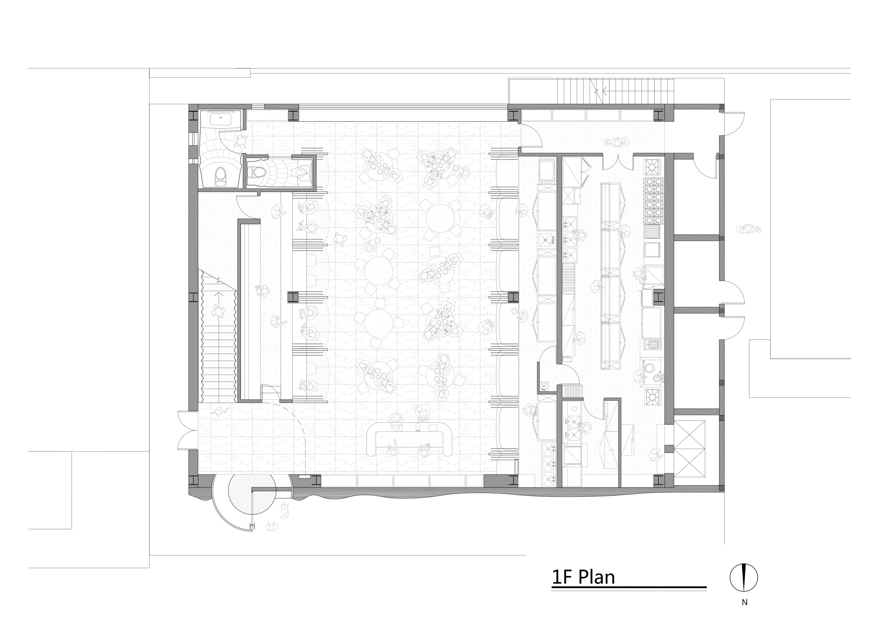 First-floor plan of the MS-II Restaurant, showing the entrance, public dining area, bar, and service spaces.