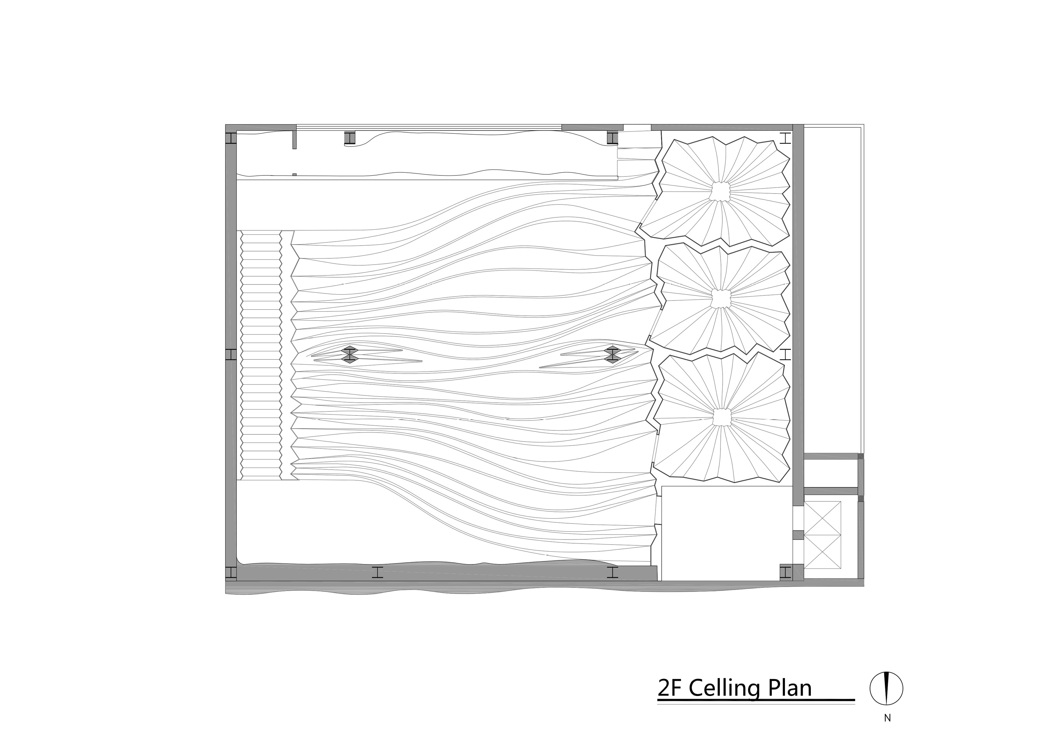 Second-floor reflected ceiling plan of the MS-II Restaurant, showing the curved ceiling, private-room zones, and lighting direction.