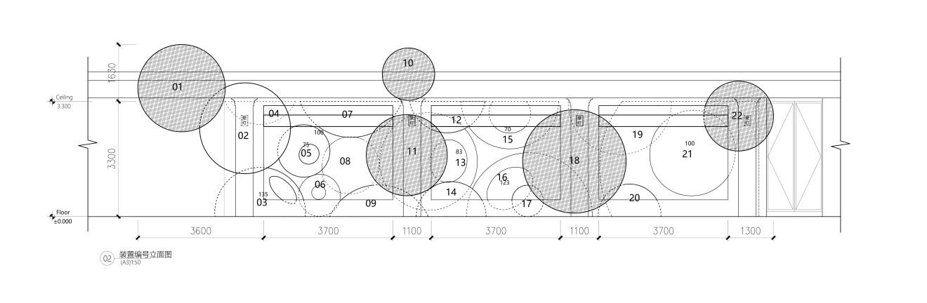 Elevation of the WAY-out-of-the-box installation, showing the scale, position, and composition of oversized yarn balls across different window facades.
