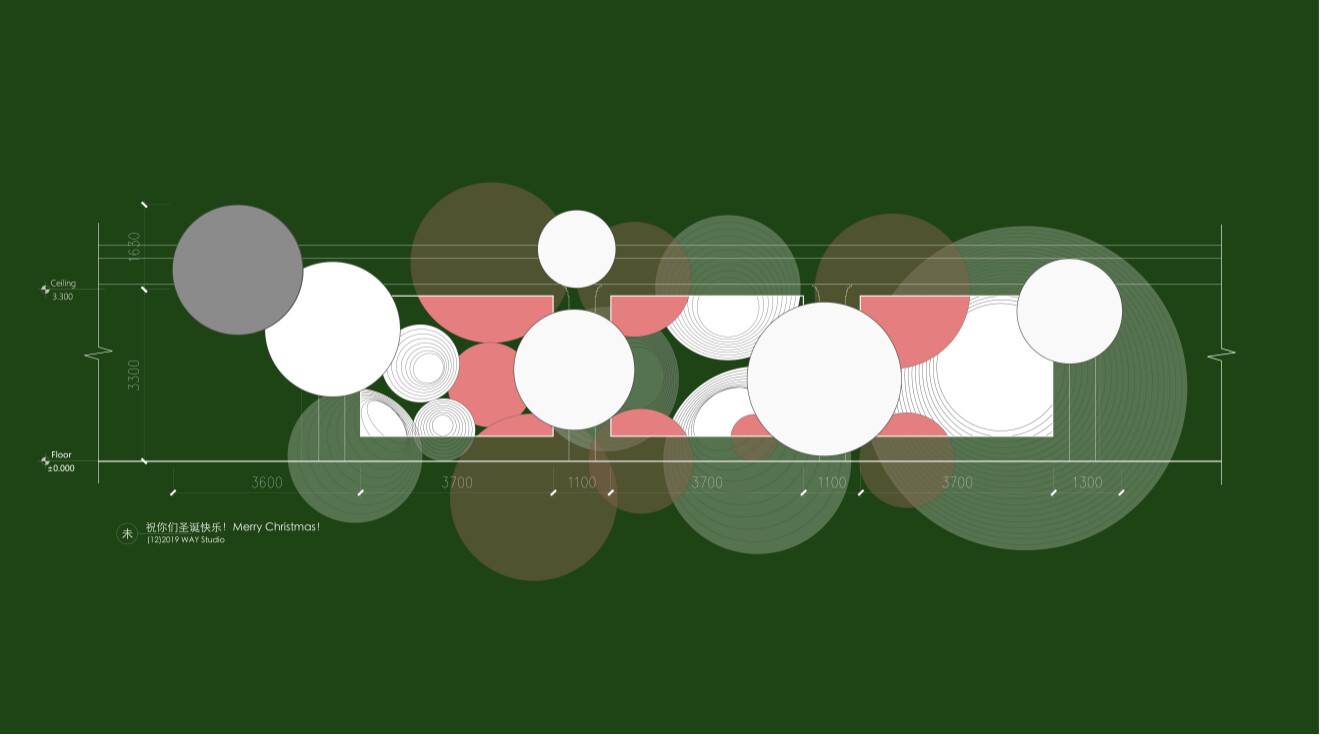 Colored plan analysis of the WAY-out-of-the-box installation, explaining the organization of spheres, window spaces, and the street interface.