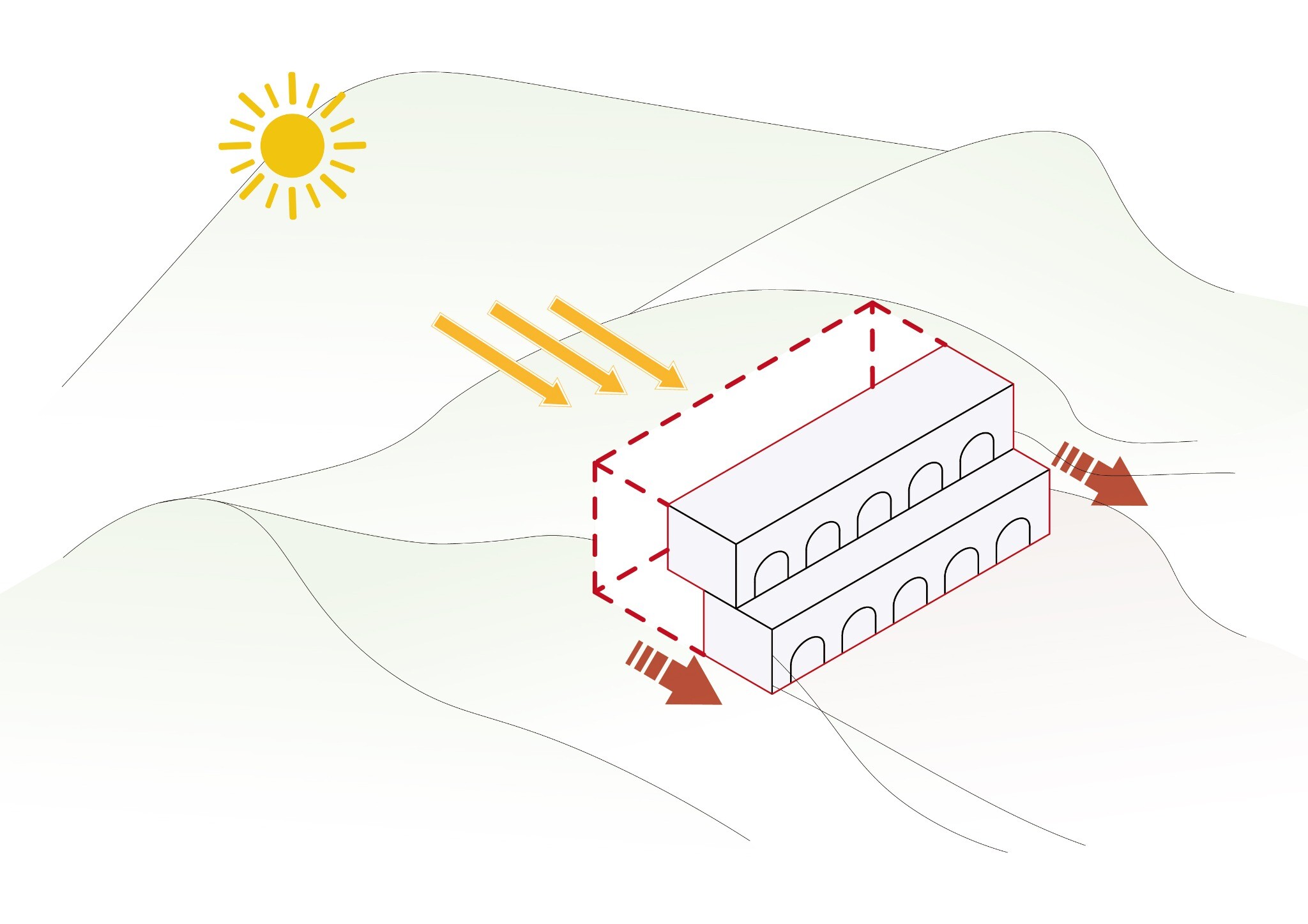 Design step showing the cave dwelling detached from the mountain to increase daylight.