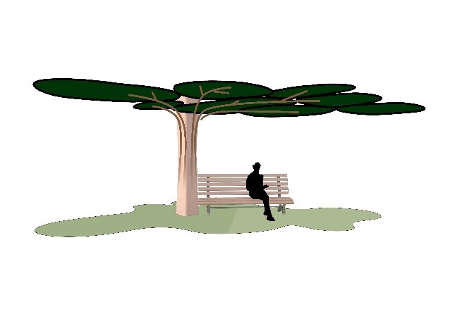 Concept diagram of tree-inspired lighting and seating combinations.