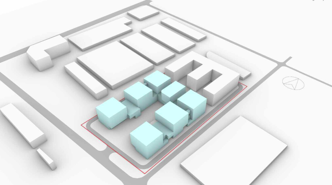 Exterior rendering of the North Forest low-density office building, showing retained factory-like upper volumes, open office floors, and a landscape-integrated facade.