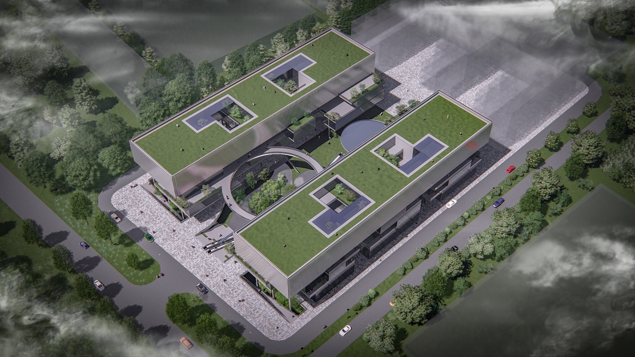 Massing model of the North Forest office complex, explaining the clustered relationship of low-density buildings and the strategy for independent leasing.