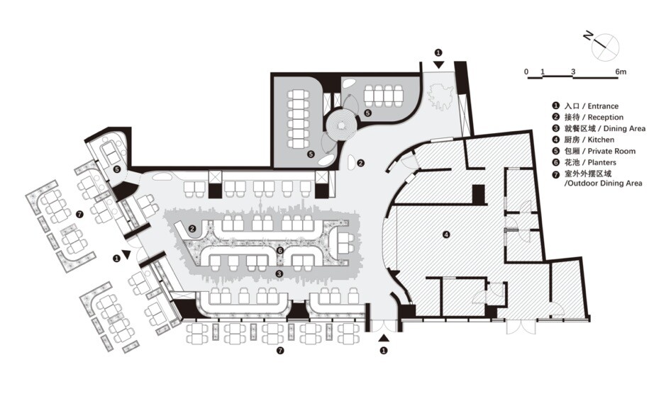Restaurant section explaining the relationship among interior space, planting, dining tables, and the building facade.