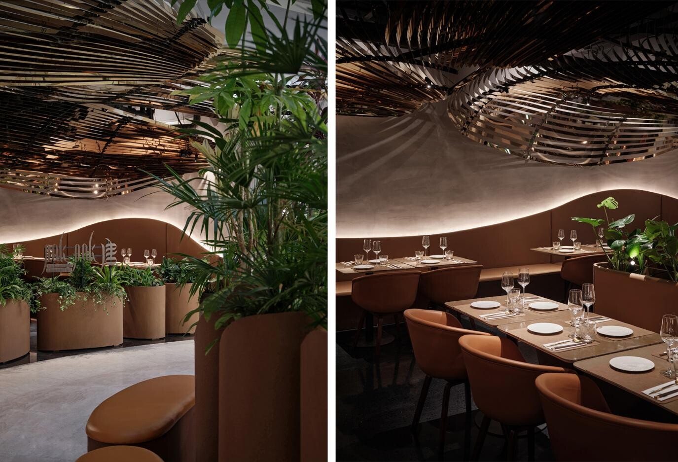 Metal roof installation in the dining area simulating waves, sand ripples, and tropical leaves, creating a flowing spatial expression through reflected light.