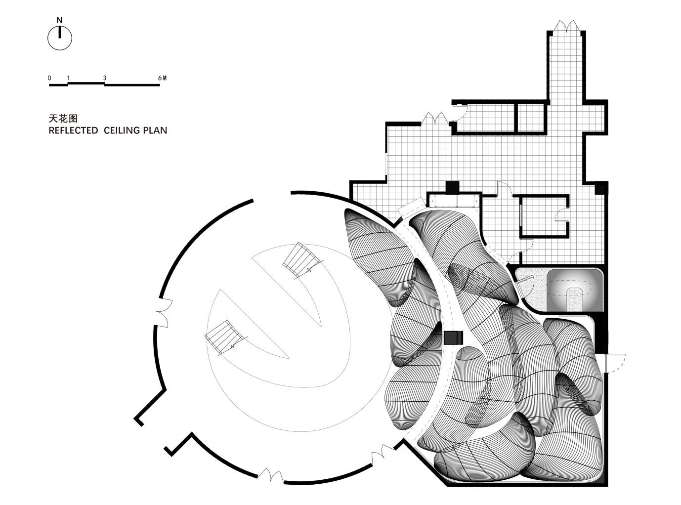 Reflected ceiling plan showing how the roof installation extends through the restaurant and atrium corridor.