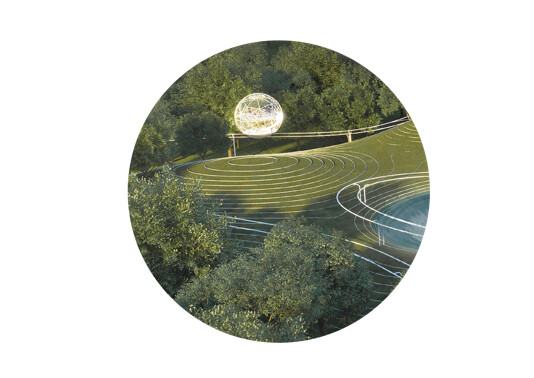 Mobile reading pod traveling along a suspended track through slopes, grass, and water, forming a journey that combines reading and viewing.