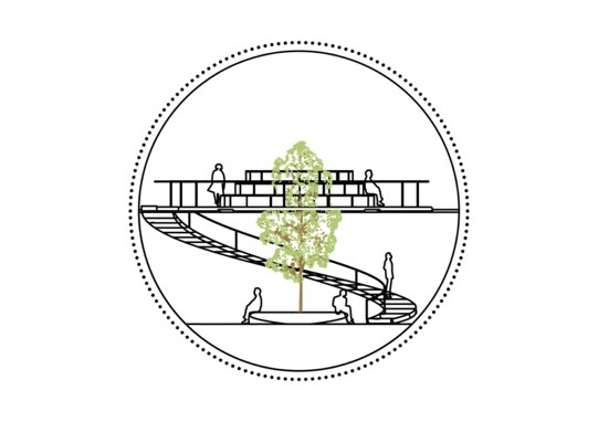 Section of the mobile reading pod, showing two levels, a tree atrium, circulation paths, and reading seats.