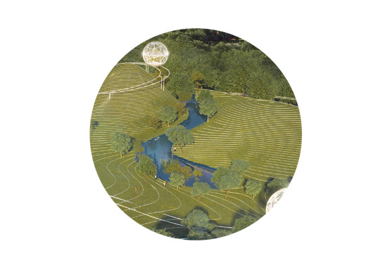 Aerial view of a Lib-Ark valley node, where grass slopes, water, and a mobile reading pod form a lower reading scene.