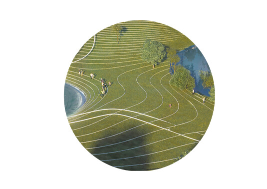 Aerial view of a highland platform and outdoor reading space, where paths form places to pause and look out on the grass slope.