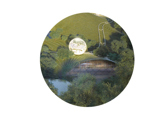Main space hidden below an artificial landscape structure and facing the lakeshore as a sunken public activity space.