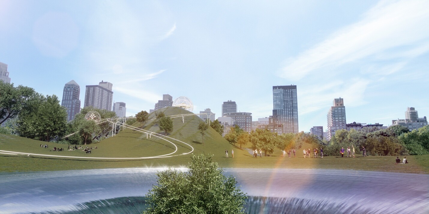 View from the lakeshore toward Lib-Ark and the New York skyline, showing the relationship among park, architecture, and city context.