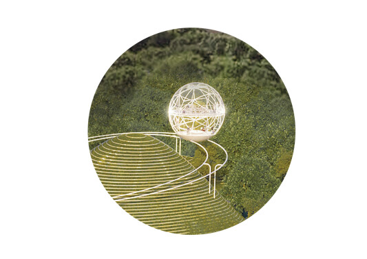 Suspended tracks and reading pod node in woodland, showing Lib-Ark moving through the natural environment.