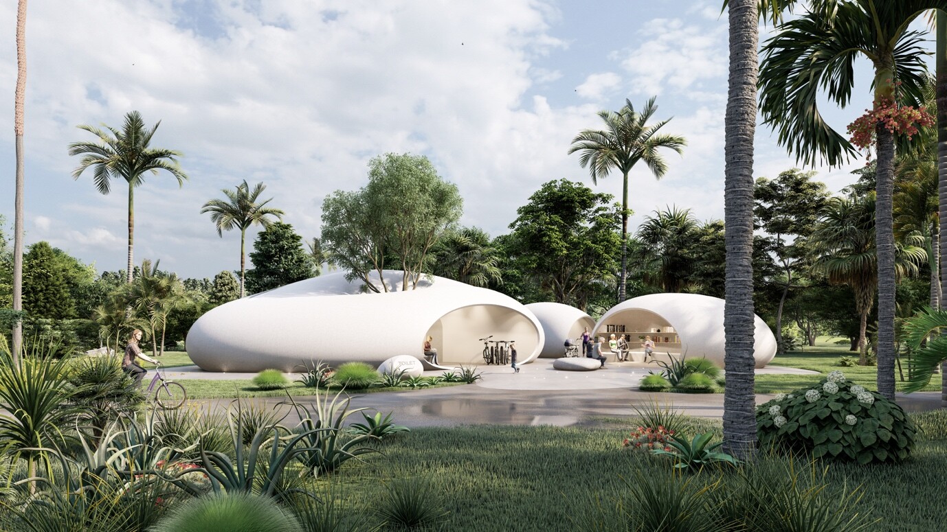 White organic station clusters and tropical landscape in a seaside linear park, showing the project as visitor stopover, rest, and public service nodes.