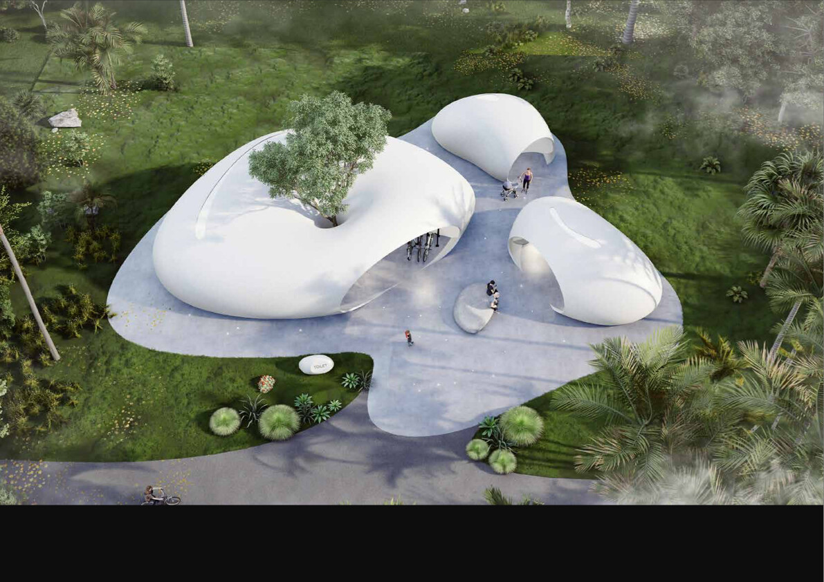 Aerial rendering of Scheme A "Morning Dew", with multiple rounded white volumes enclosing a public activity field and organizing visitor circulation through trees, openings, and corridors.