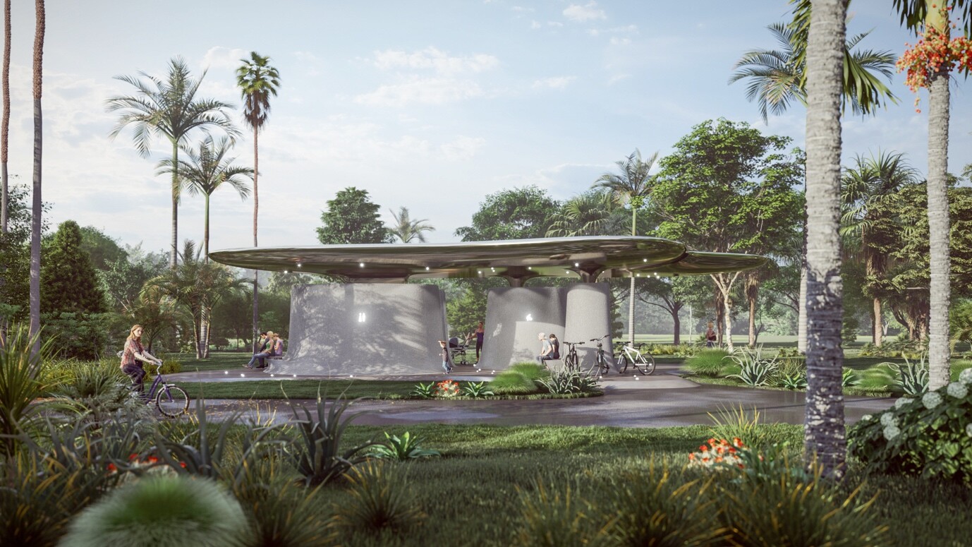 Scene rendering of Scheme B "Cloud Surge", where continuous roofs and columns form sheltered station spaces for visitor rest and bicycle parking.