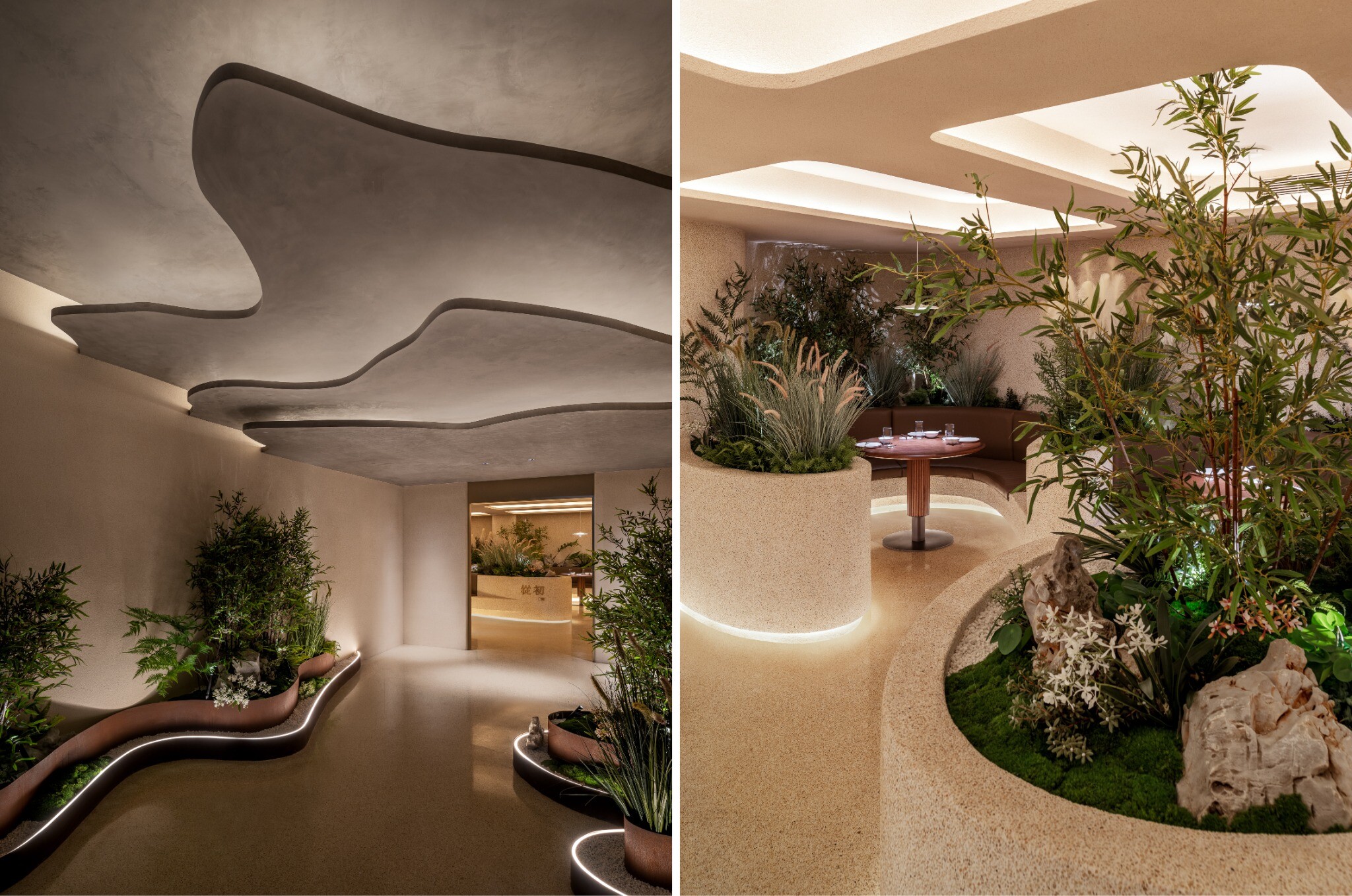 Spatial path from cloud, through forest, and into mountain at YiXing YU Restaurant, showing winding circulation and natural imagery.