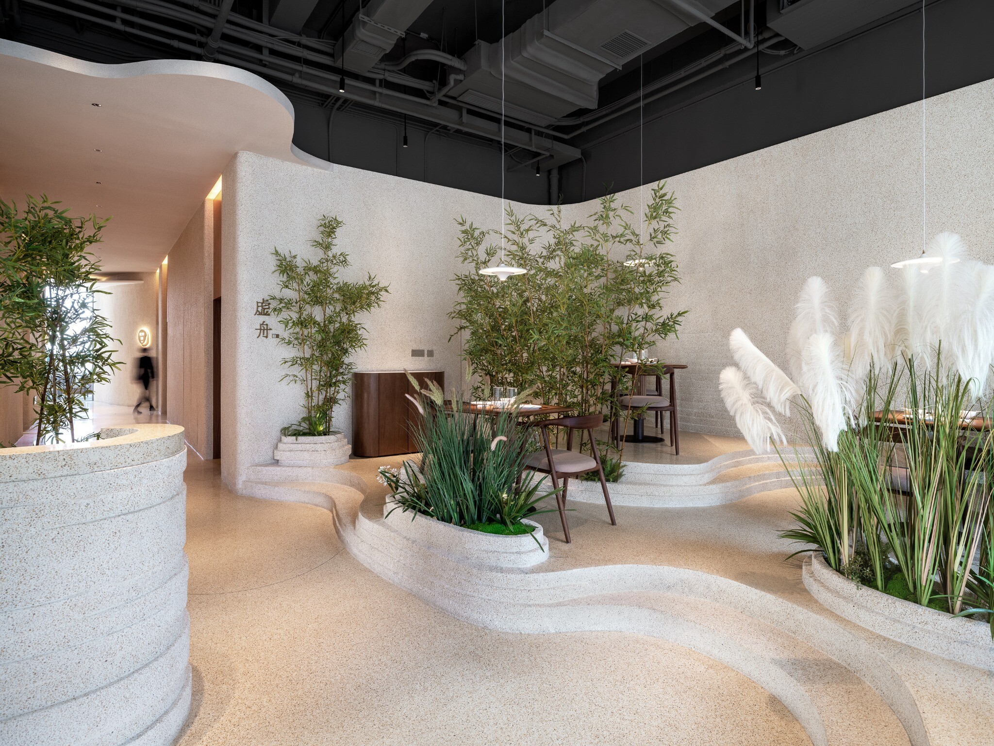 Dining-table layout on the stepped second-floor platform of YiXing YU Restaurant, forming layered dining spaces.