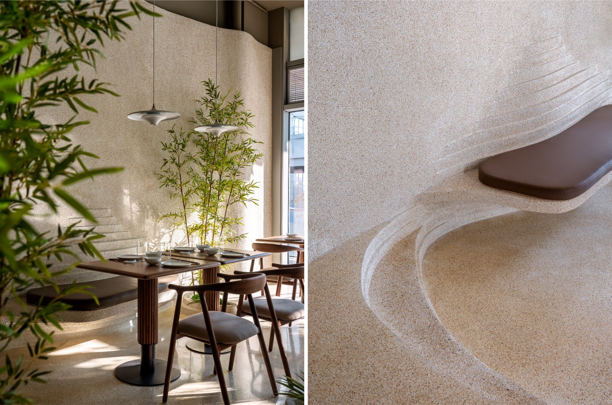 Cream-colored terrazzo detail at YiXing YU Restaurant, echoing the color and texture of Yixing purple-clay pottery.