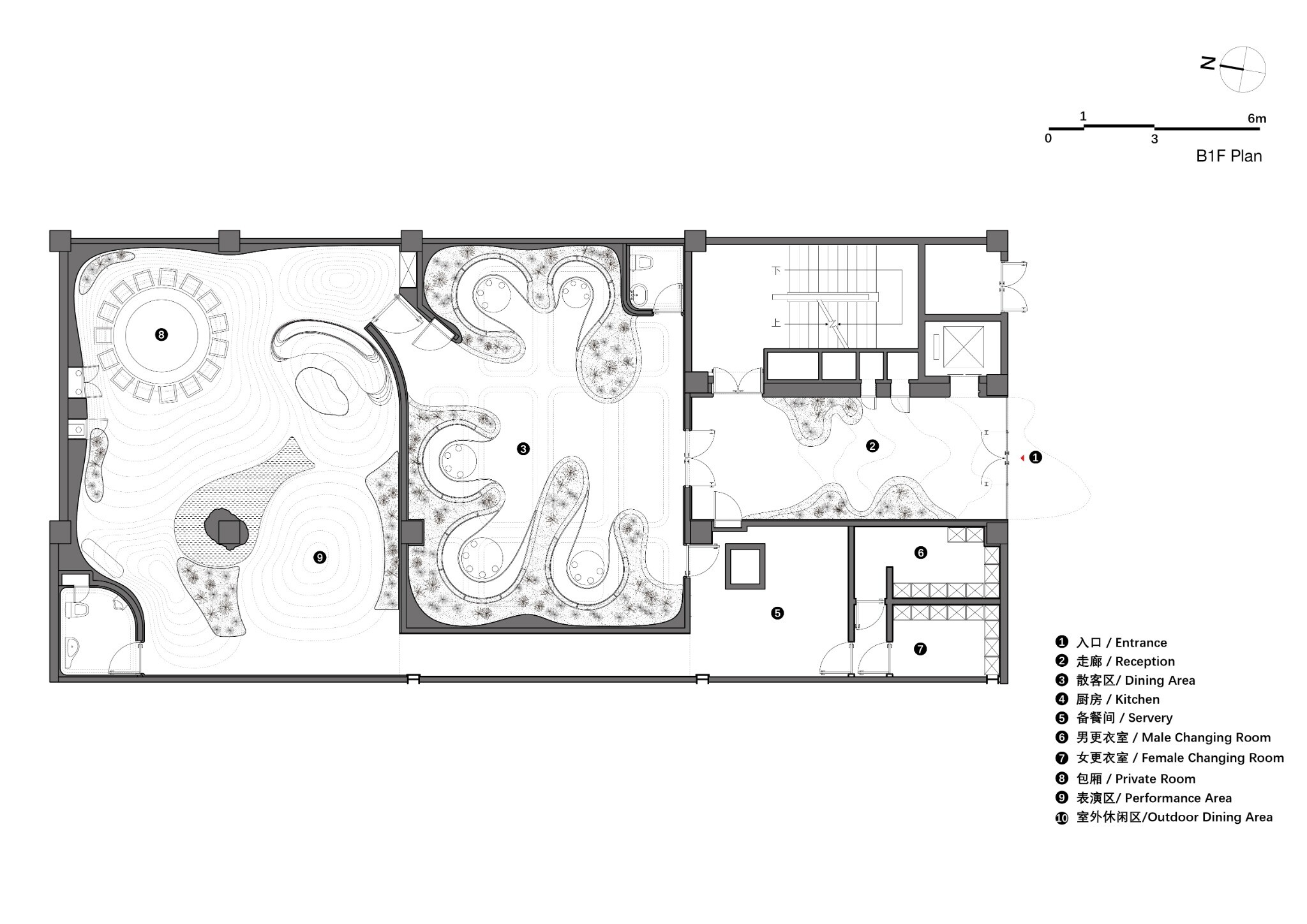 Basement plan of YiXing YU Restaurant, showing the underground entrance, casual dining area, large private room, and circulation organization.
