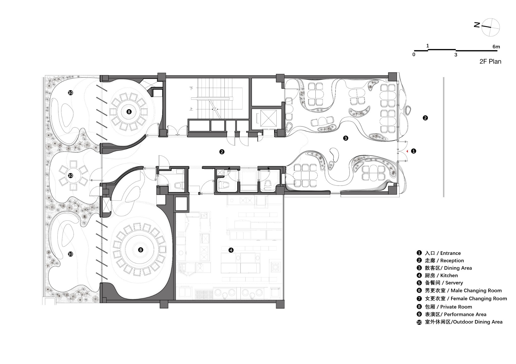 Second-floor plan of YiXing YU Restaurant, showing the upper casual dining area, private rooms, balcony, and lake-facing interface.